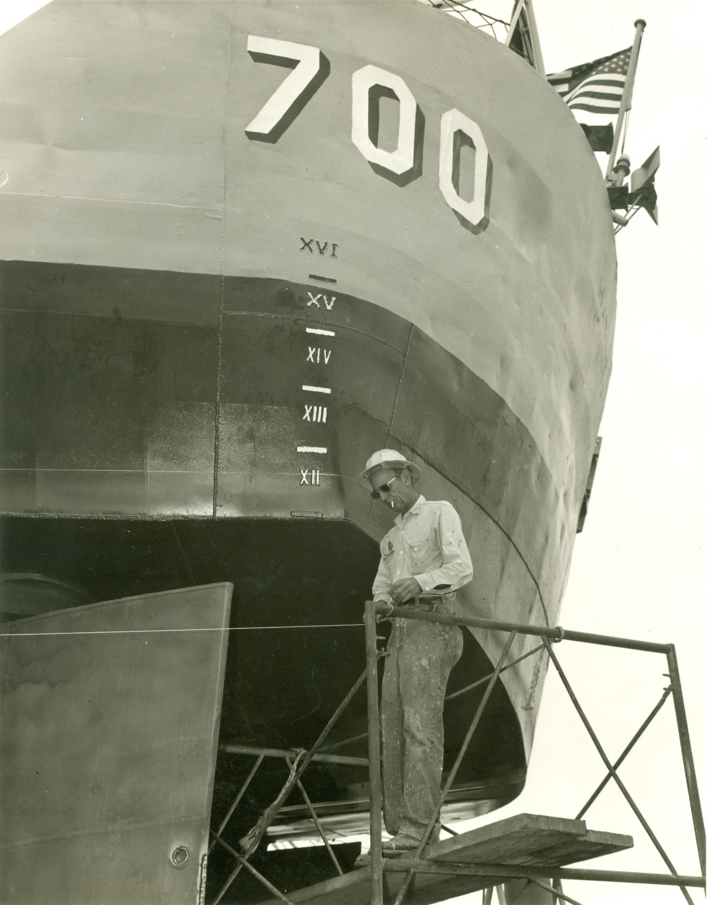 Haynsworth in Dry Dock, circa 1967. Orange, TX. Yard Birds fine tuning the screws.